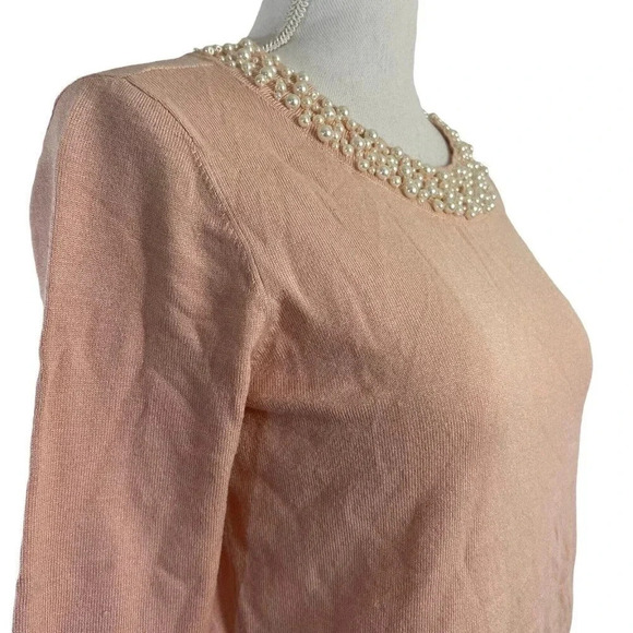 Karl Lagerfeld Paris Baby Pink Sweater Faux Pearl Beaded Embellished Neckline XS - Picture 5 of 8